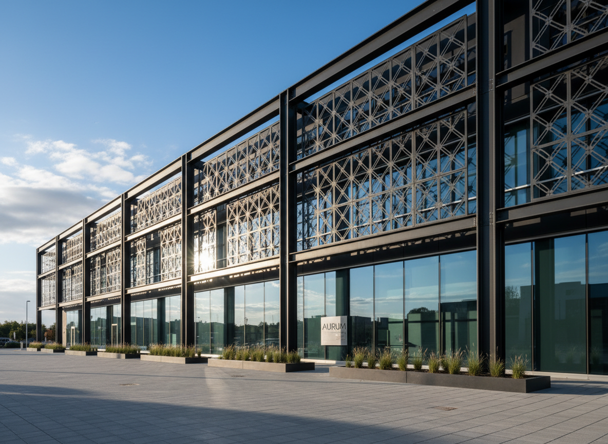 A sweeping, wide-angle view of a modern commercial building façade featuring bold architectural steelwork: dark charcoal powder-coated steel beams, crisp welded joints, and perforated steel cladding panels with precise geometric patterns. The structure frames large expanses of clear glass, with reflections of a blue sky and subtle clouds. The scene is set on a clean, paved forecourt with low, linear planters and minimal signage. Late afternoon natural light casts long, defined shadows that emphasize the depth and alignment of the steel members. Photographic realism, shot at eye level with sharp focus throughout, conveying a professional, engineered aesthetic that feels solid, refined, and meticulously constructed.